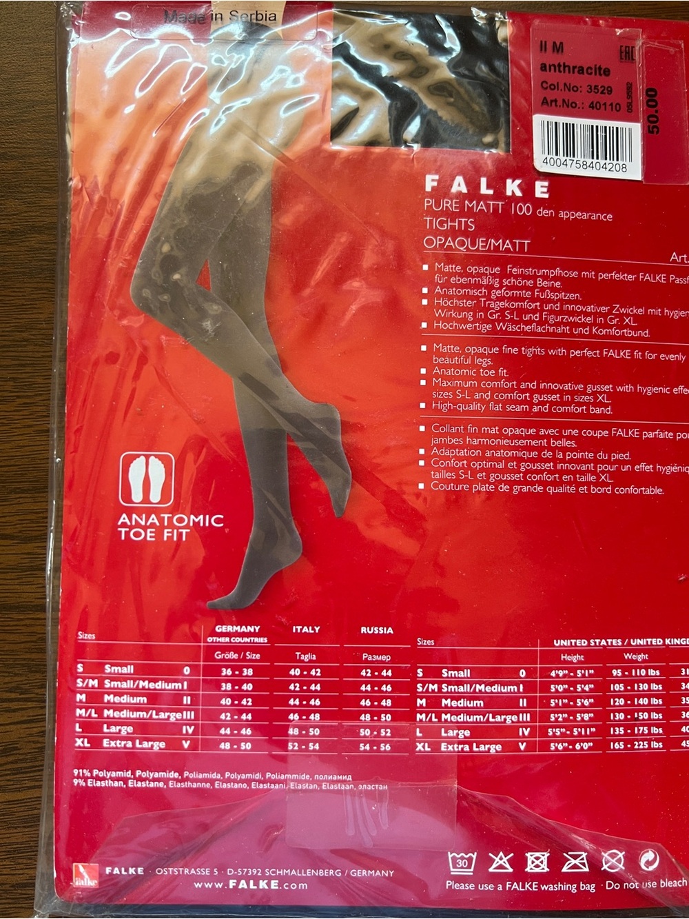 NWT- Falke Pure Matt 100 Denier Opaque Tights in Anthracite - Size M2 - Picture 6 of 7